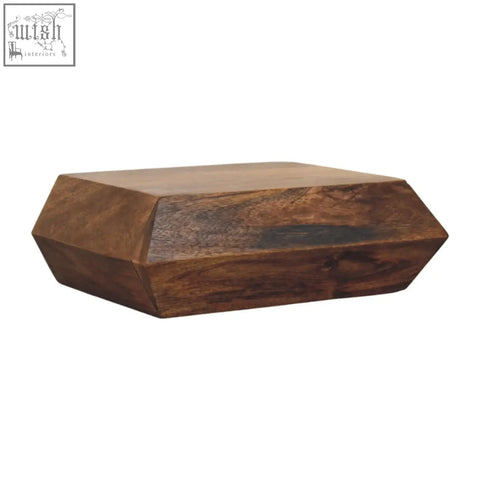 A rustic geometric wooden coffee table with rich brown finish and natural wood grain made of natural mango wood