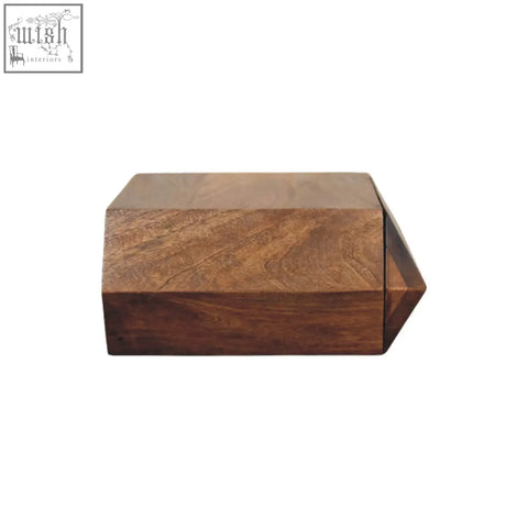 A sleek rectangular prisma wall mounted unit chest of drawers in natural mango wood with a rich brown finish