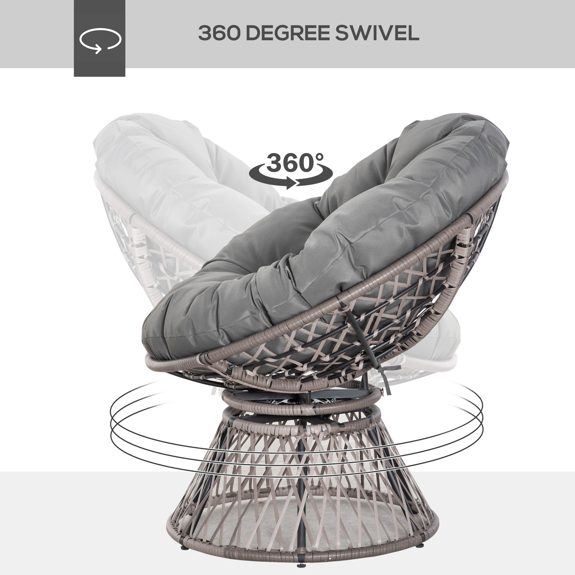 Outsunny 360\'c2\'b0 Swivel Rattan Papasan Moon Bowl Chair Round Lounge Garden Wicker Basket Seat with Padded Cushion Oversized for Outdoor Indoor, Grey