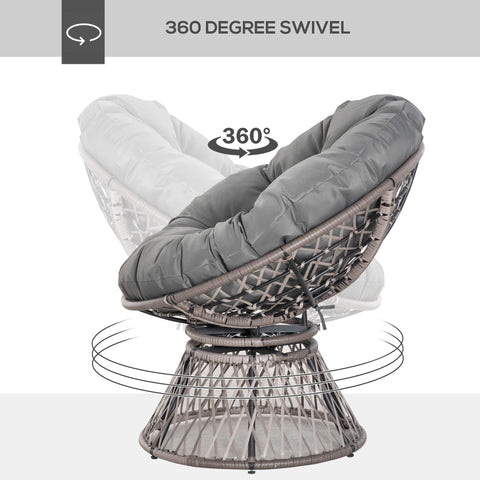 Outsunny 360\'c2\'b0 Swivel Rattan Papasan Moon Bowl Chair Round Lounge Garden Wicker Basket Seat with Padded Cushion Oversized for Outdoor Indoor, Grey