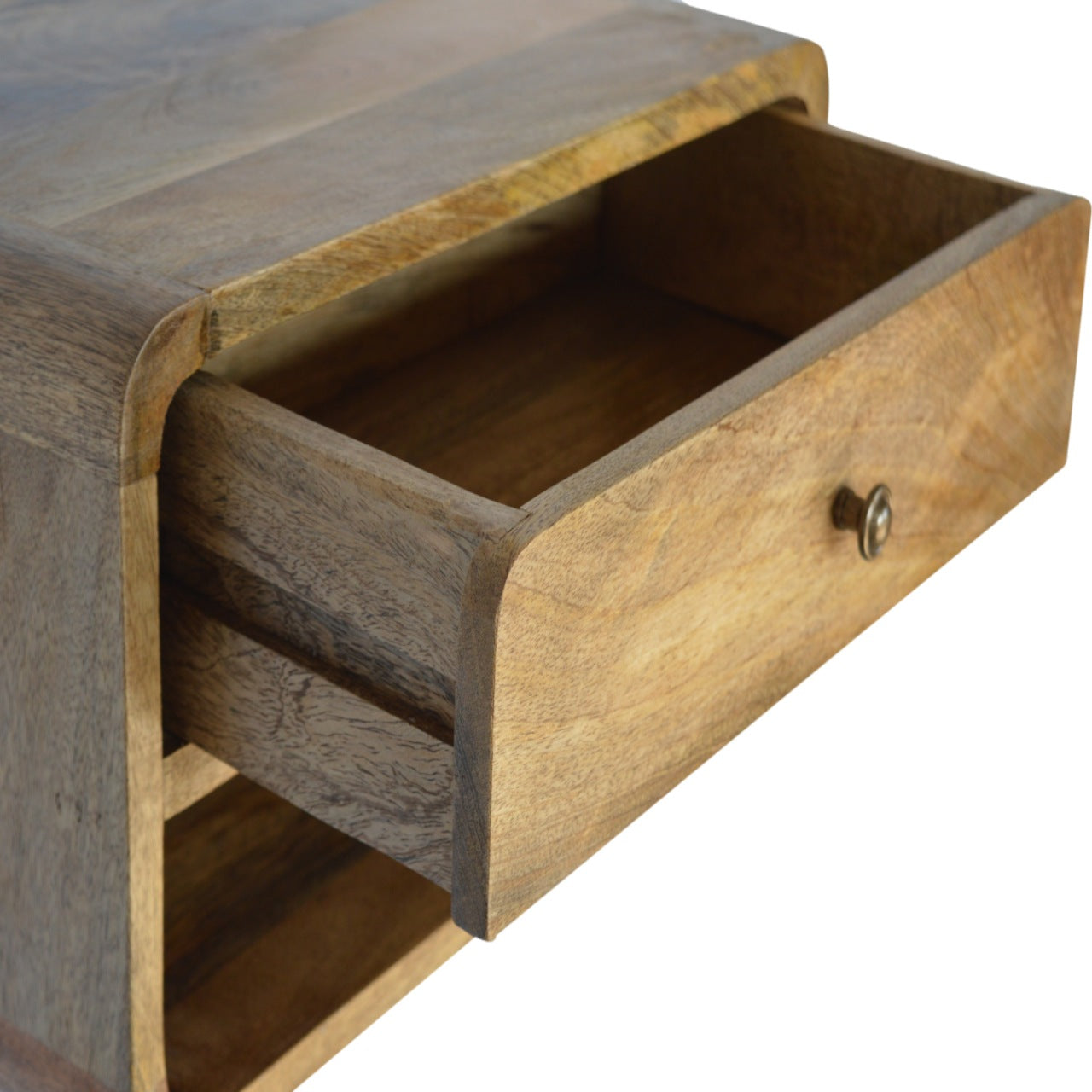 Floating Curve Open Slot Bedside Table | Oak-Ish Mango Wood Wall-Mounted