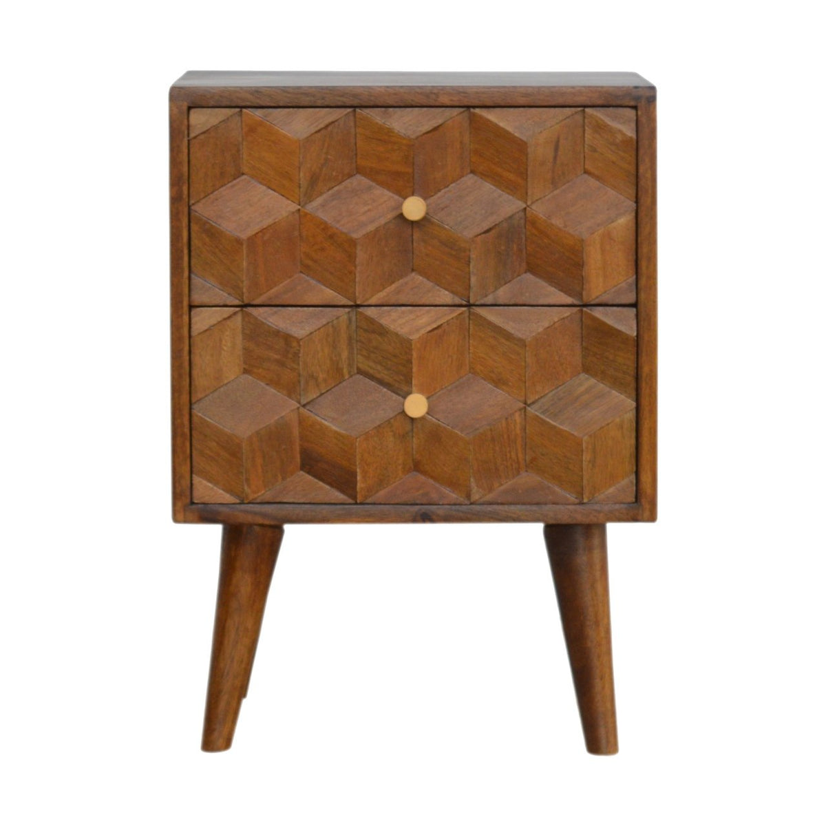 Chestnut Cube Carved Bedside Table | Hand-Carved