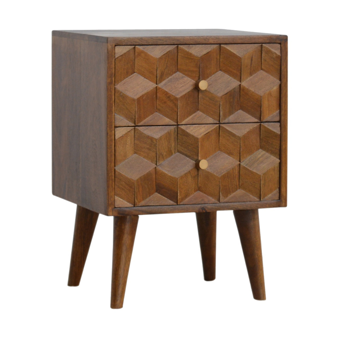 Chestnut Cube Carved Bedside Table | Hand-Carved