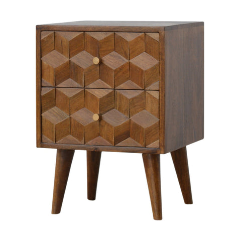 Chestnut Cube Carved Bedside Table | Hand-Carved