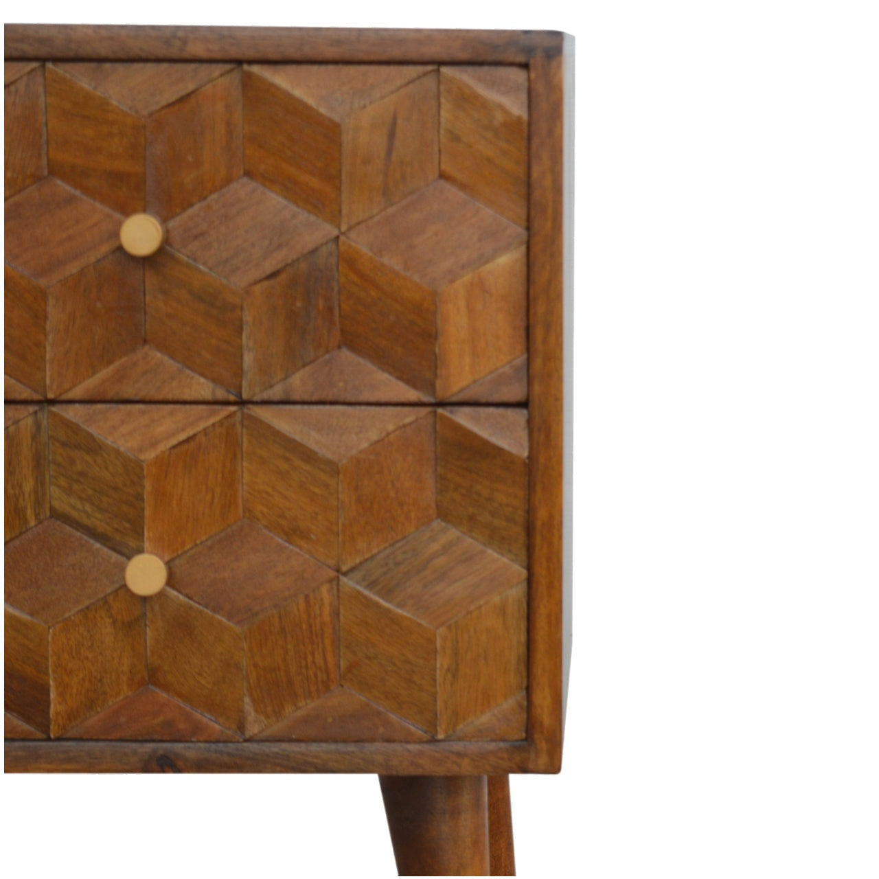 Chestnut Cube Carved Bedside Table | Hand-Carved