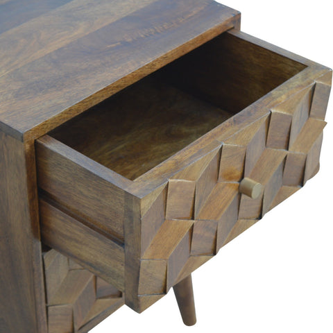 Chestnut Cube Carved Bedside Table | Hand-Carved