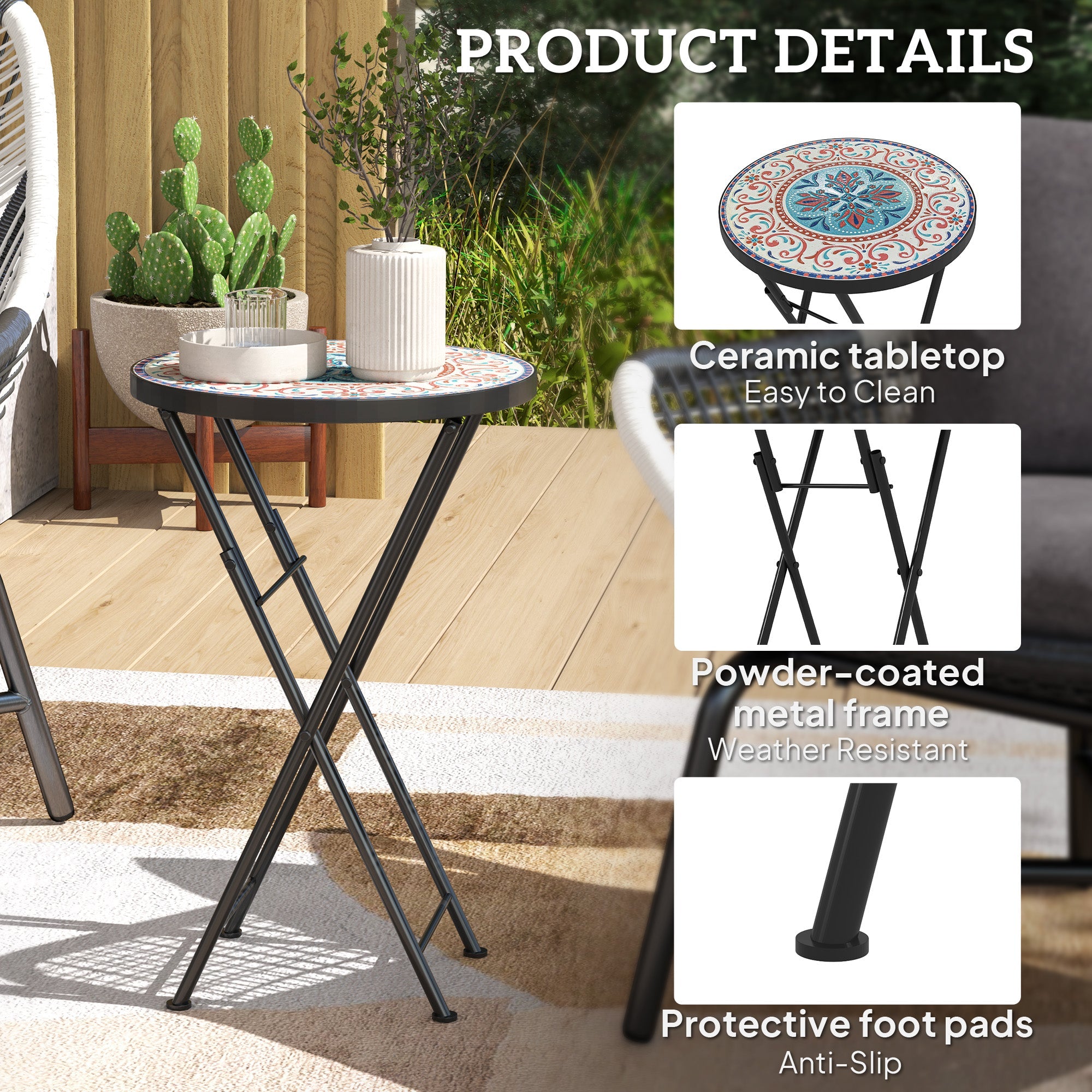 Outsunny Mosaic Outdoor Garden Table, 35.5cm Round Folding Coffee Table with Metal Frame for Balcony Terrace, Multicolour