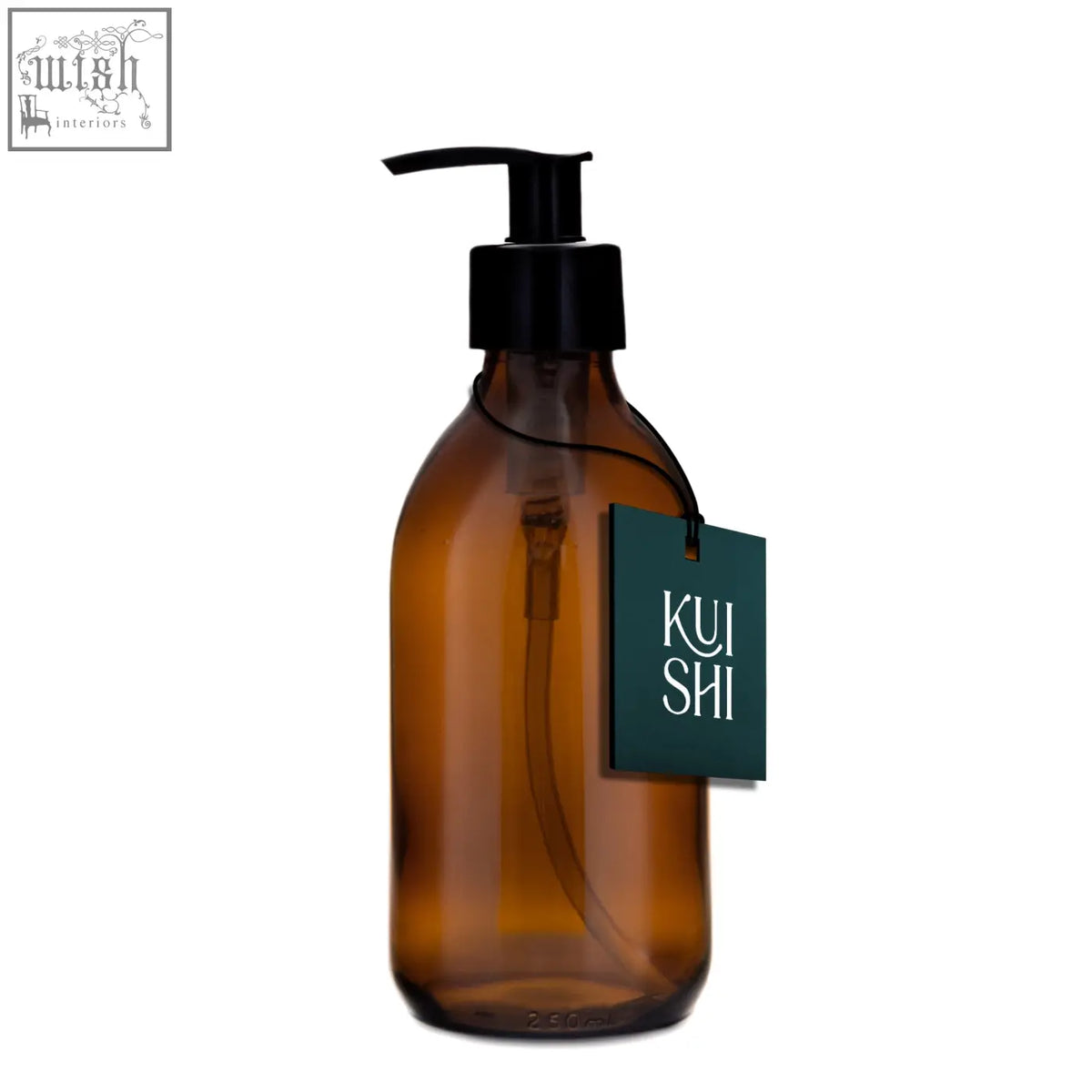 Amber glass pump bottle dispenser with black pump and dark green kui shi logo tag for easy dispensing