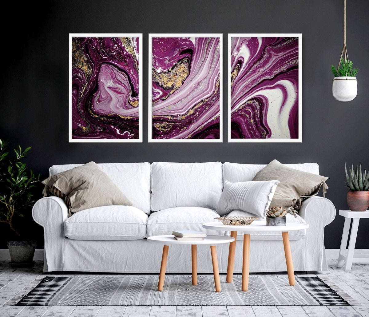 Abstract wall art framed | set of 3 Purple wall art prints