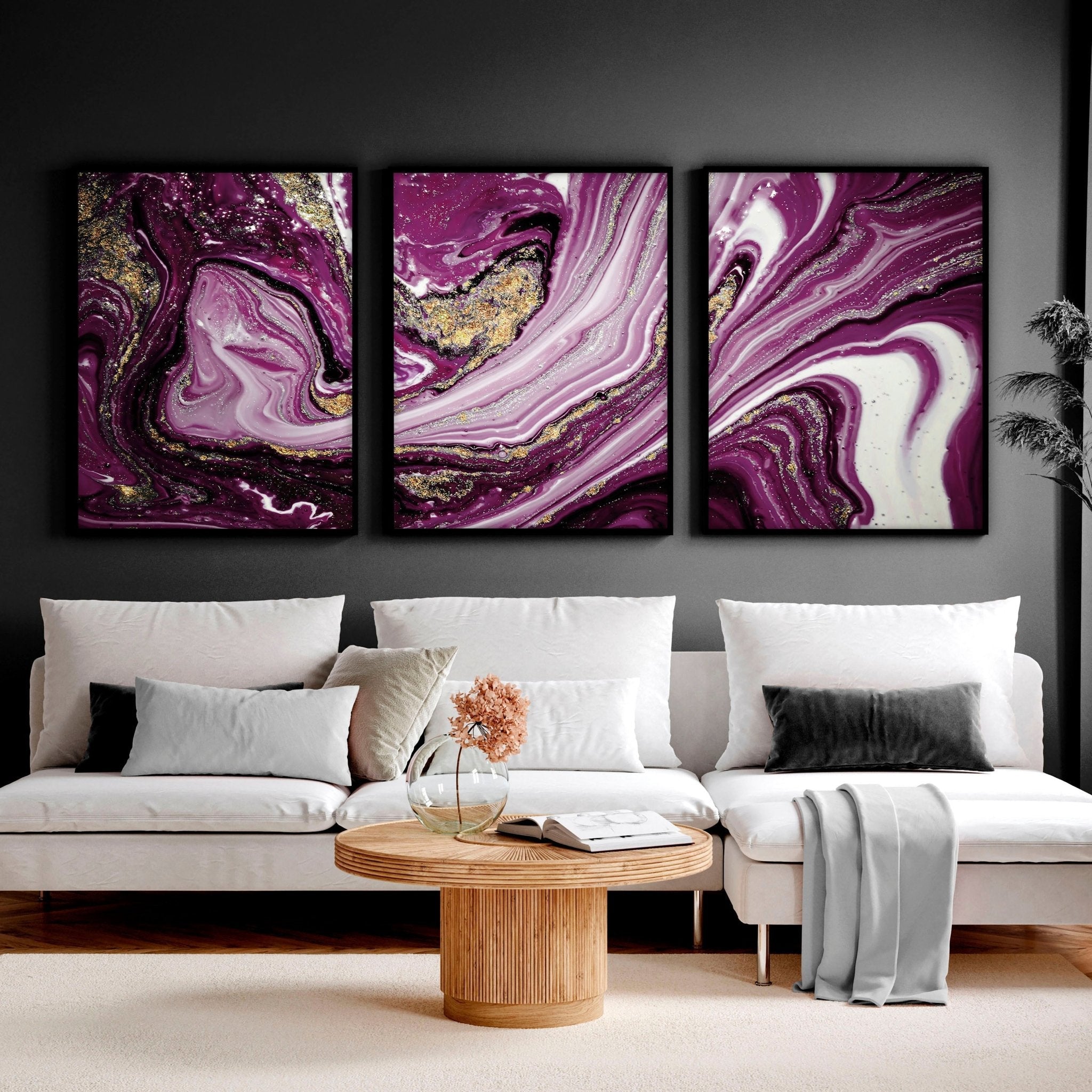 Abstract wall art framed | set of 3 Purple wall art prints