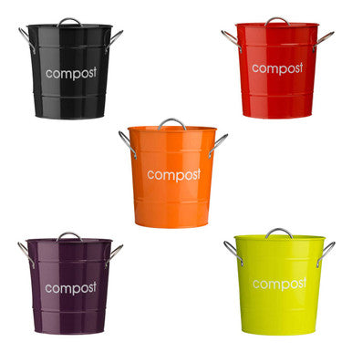 Five vibrant metallic compost bins including a purple compost bin made of galvanised steel with handles and compost labels