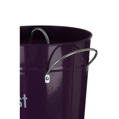 Purple compost bin made of metal with curved silver handles for easy composting and waste management