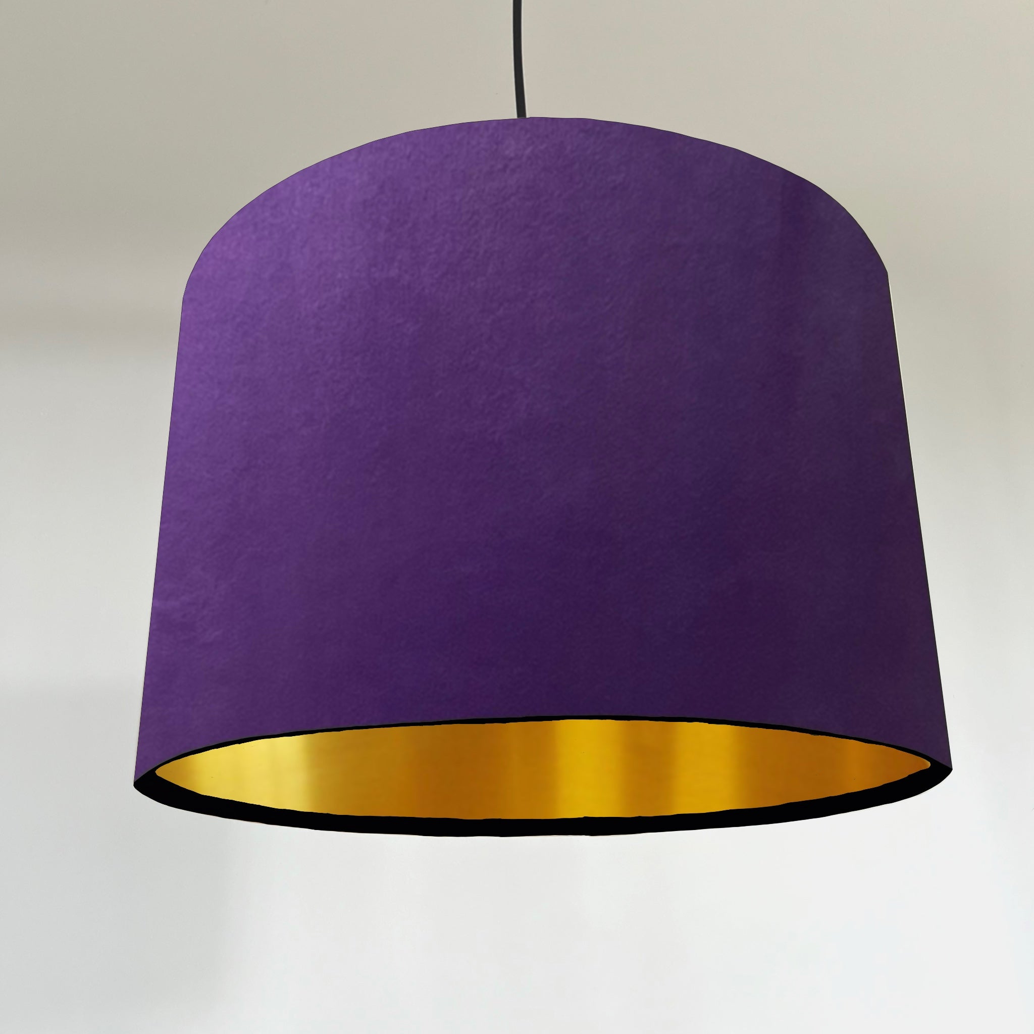 Purple velvet drum ceiling shade with 30cm height and metallic brushed gold plain velvet lining interior
