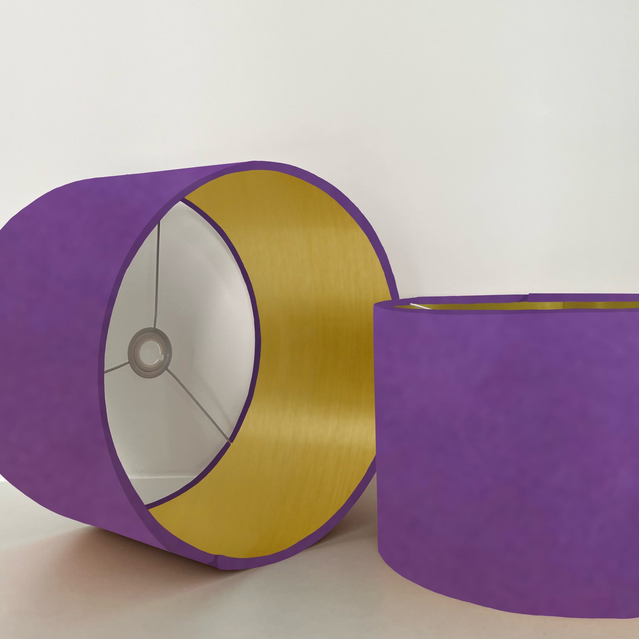 Purple plain velvet drum ceiling shade with 30cm height and metallic brushed gold lining matte finish