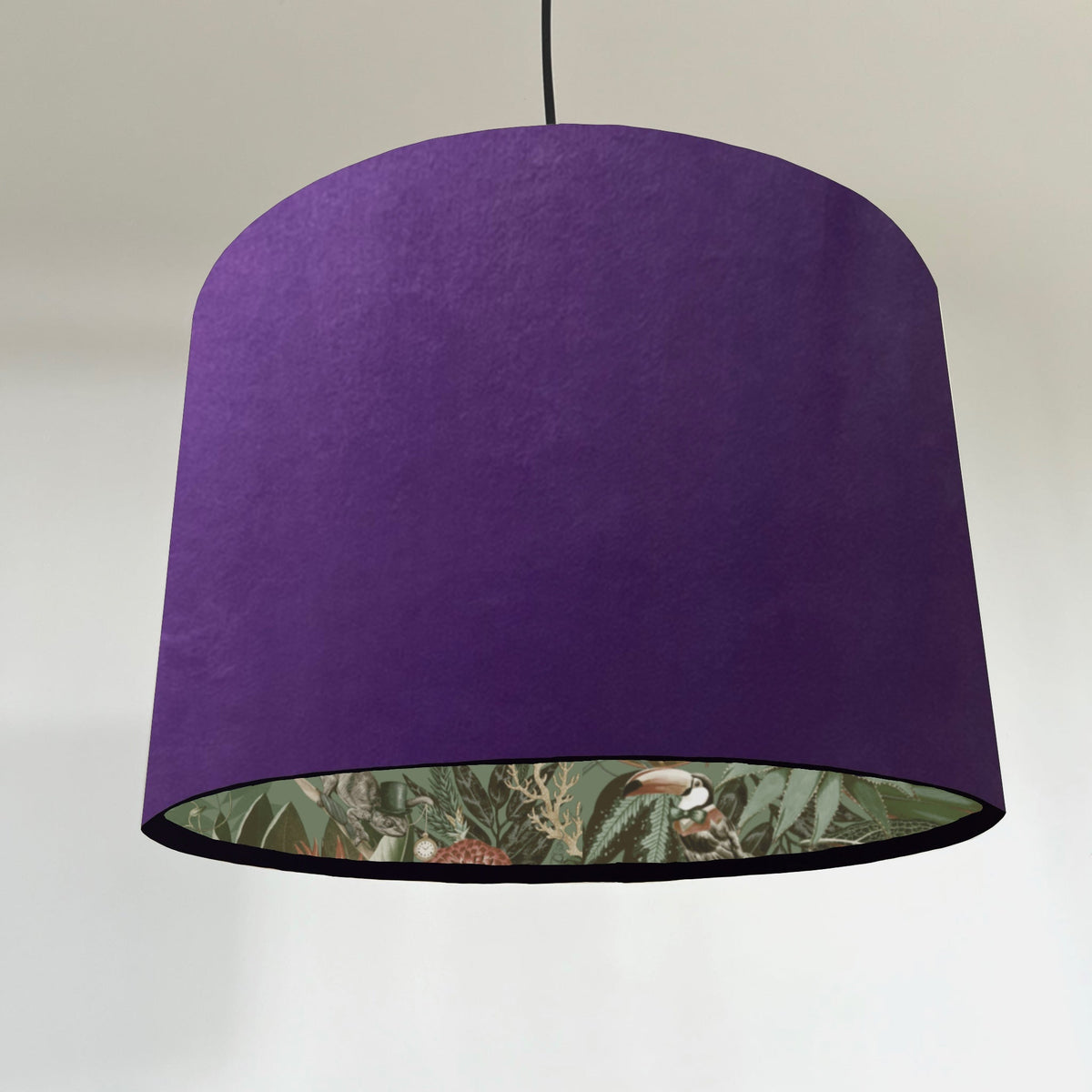 Purple velvet wonderland sage drum lampshade 30cm height with tropical bird and foliage pattern inside lining