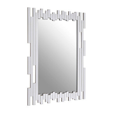 Silver-framed puzzle wall mirror with geometric cut out frame and central reflective pane for modern decor