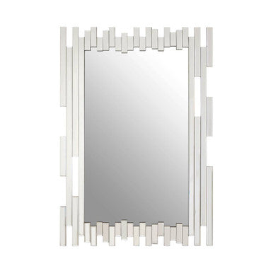 Silver framed puzzle wall mirror with modern geometric design featuring vertical horizontal glass slats and central reflective pane