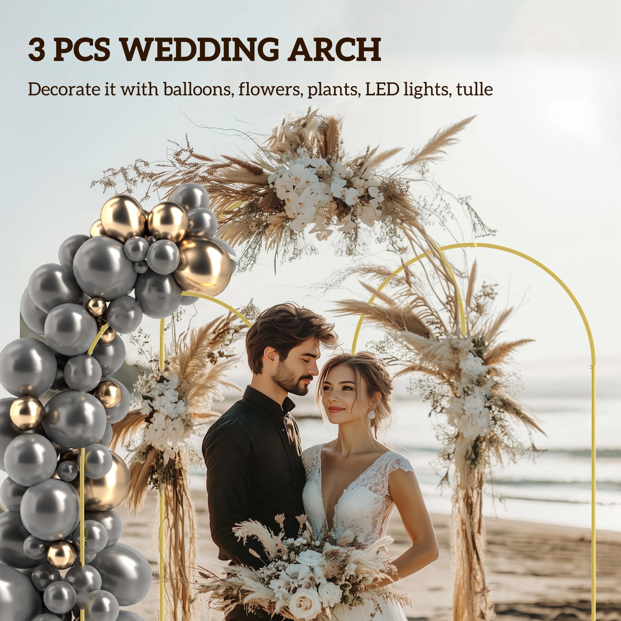 Outsunny Wedding Arch Frame Set, 2.2, 2, 1.8 m Metal Arch Backdrop Stand Set of 3, Balloon Arch Stand Set for Birthday Party, Bridal Shower, Graduation, Ceremony, Banquet Decorations, Gold Tone