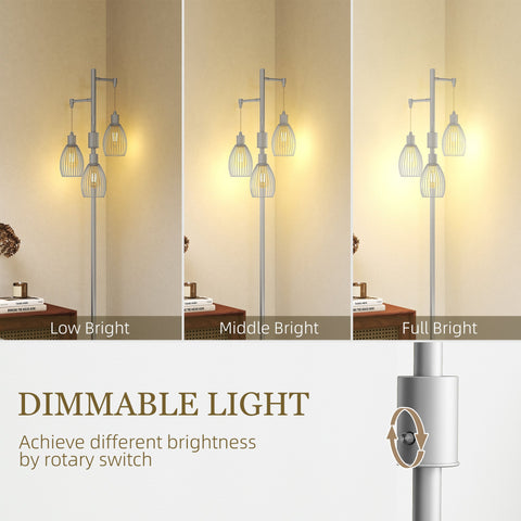 HOMCOM 3-Light Floor Lamp, 170cm Industrial Dimmable Standing Lamp with Steel Wire Cage Lampshades for Living Room, Bedroom, Dining Room, Study, Silver Tone