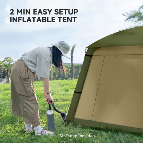 Outsunny Inflatable Camping Tent w/ Hand Pump, Easy Setup 1/2 Person Blow Up Tent Waterproof 190T Taffeta w/ Mesh Windows, Doors and Carry Bag, Brown