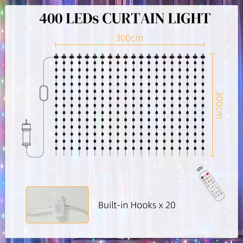 HOMCOM LED Curtain Lights, Smart Curtain Fairy Lights Plug In, Colour Changing Wall Lights with Remote, App, Dynamic DIY Hanging Window String Lights for Bedroom Living Room, 3x3(m), 400 RGBIC LED