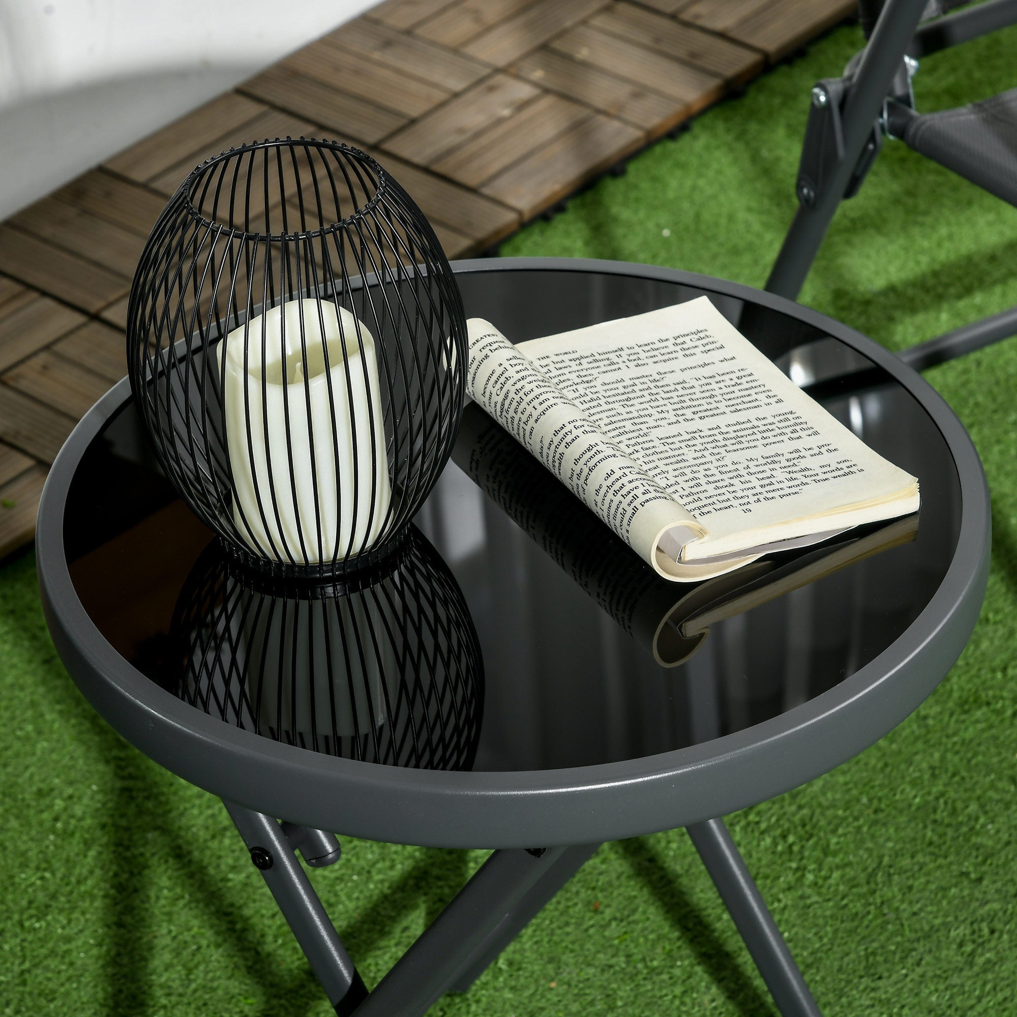 Outsunny \'ce\'a645cm Garden Side Table, Outdoor Round Folding Patio Table with Imitation Marble Glass Top, Small Coffee Table, Black