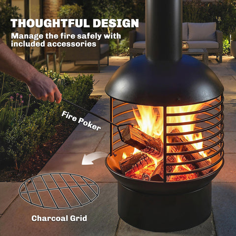 Outsunny Chimney Fire Pit, Portable Wood Burning Firepit with Poker, Charcoal Grid, Outdoor Fireplace for Garden Patio, Black