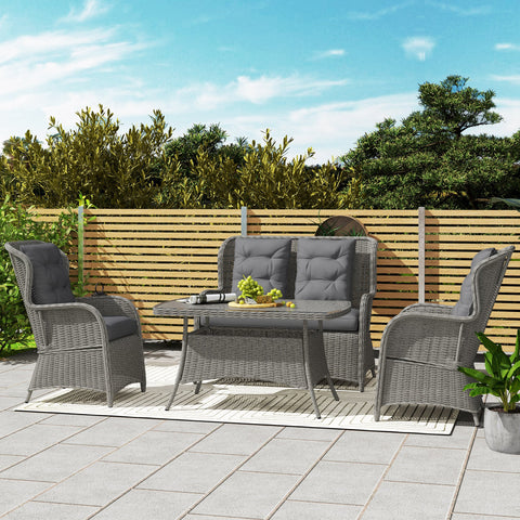 Outsunny Garden PE Rattan Dining Sofa Set, Outdoor 4 Seater Wicker Furniture, High Back Chairs with Cushions, Tempered Glass Coffee Table for Patio, Light Grey