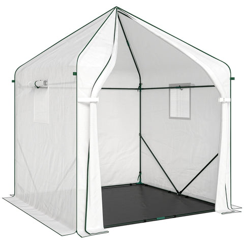 Outsunny Walk-in Greenhouse for Outdoors with Steel Frame, Large Plant House with Roll-up Door and PE Ground Cover, White