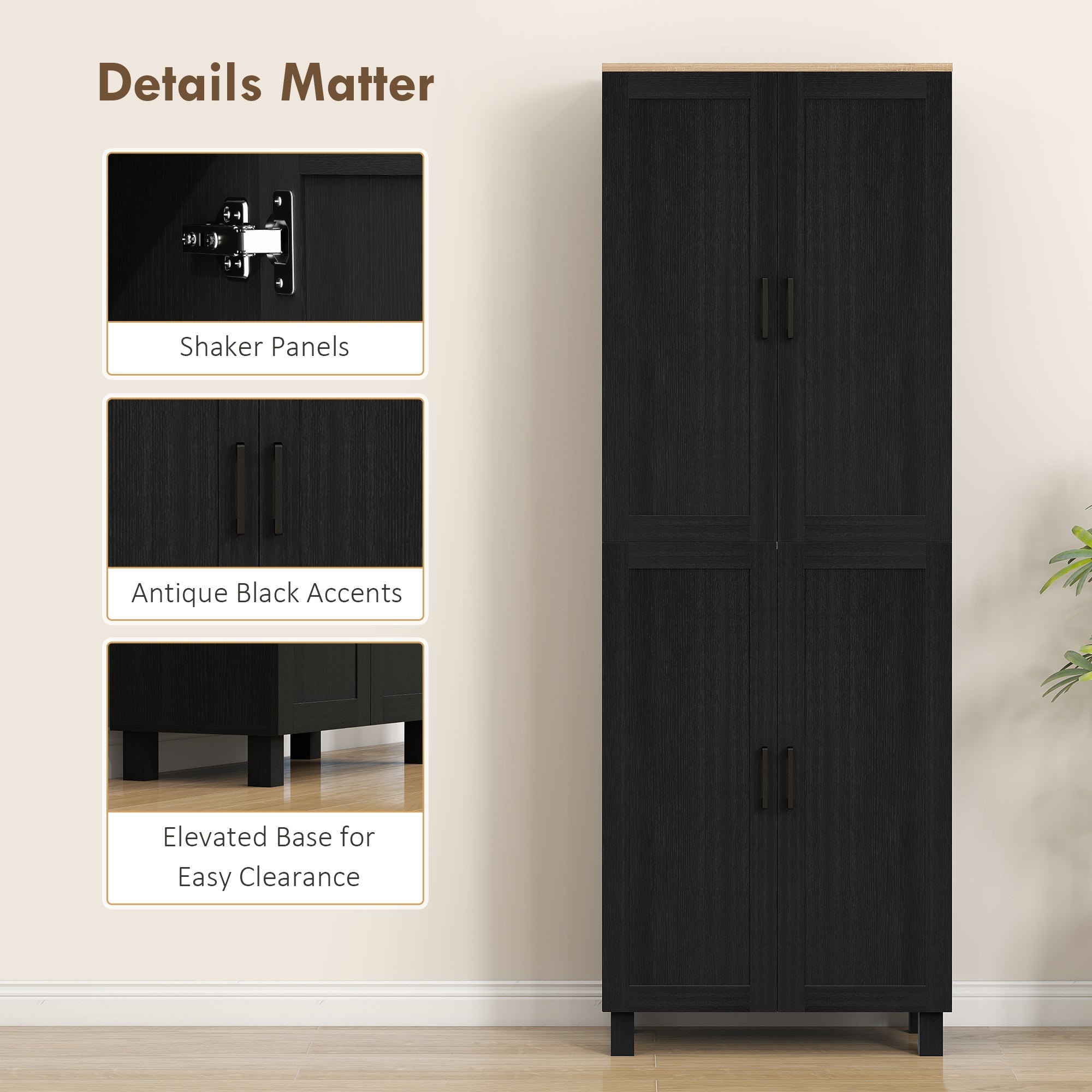 HOMCOM Freestanding Kitchen Cupboard, 4-Door Storage Cabinet with Adjustable Shelves, Modern Kitchen Pantry for Dining Room, 170cm, Black