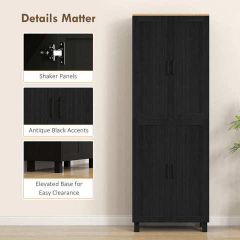 HOMCOM Freestanding Kitchen Cupboard, 4-Door Storage Cabinet with Adjustable Shelves, Modern Kitchen Pantry for Dining Room, 170cm, Black