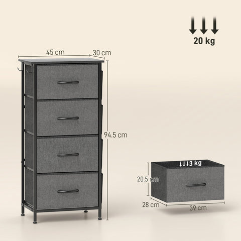 HOMCOM Chest of Four Fabric Drawers - Charcoal Grey