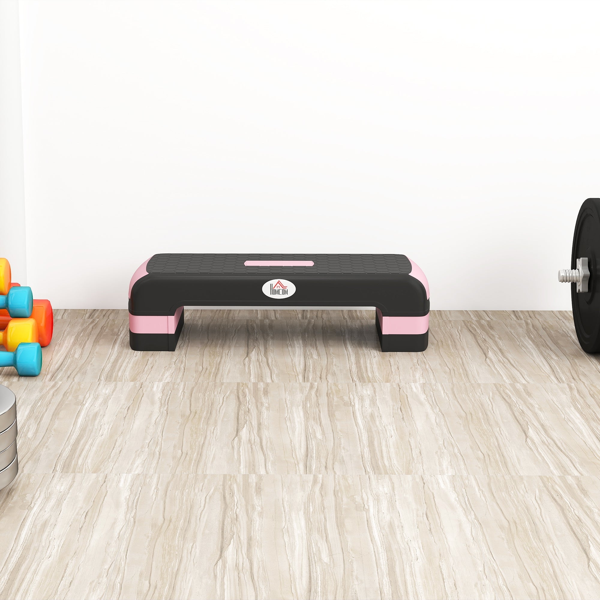 HOMCOM Aerobic Step with 3-Level Adjustable Heights for Home, Office Exercise, Black and Pink