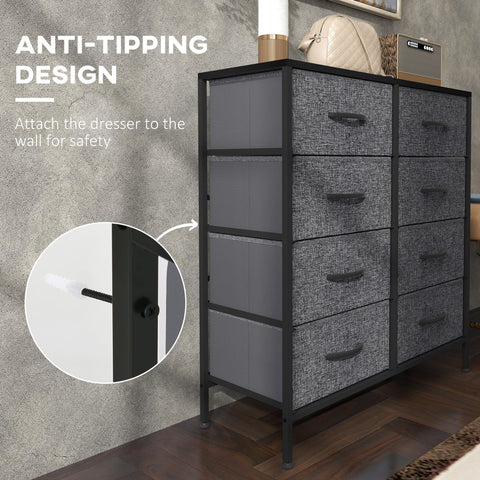 HOMCOM Fabric Chest of Drawers, Storage Drawers, Industrial Bedroom Dresser with 8 Fabric Drawers, Steel Frame and Wooden Top for Nursery, Living Room, Hallway, Black