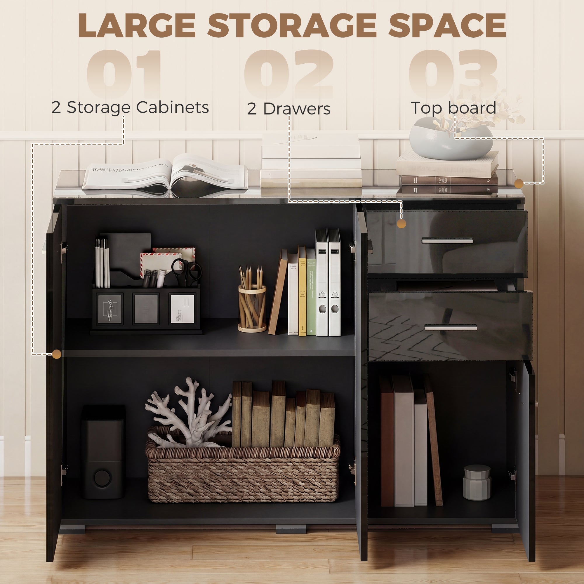 HOMCOM Sideboard, Modern Storage Cabinet with 2 Drawers, 3 Doors and Adjustable Shelves, High Gloss Black