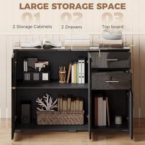 HOMCOM Sideboard, Modern Storage Cabinet with 2 Drawers, 3 Doors and Adjustable Shelves, High Gloss Black
