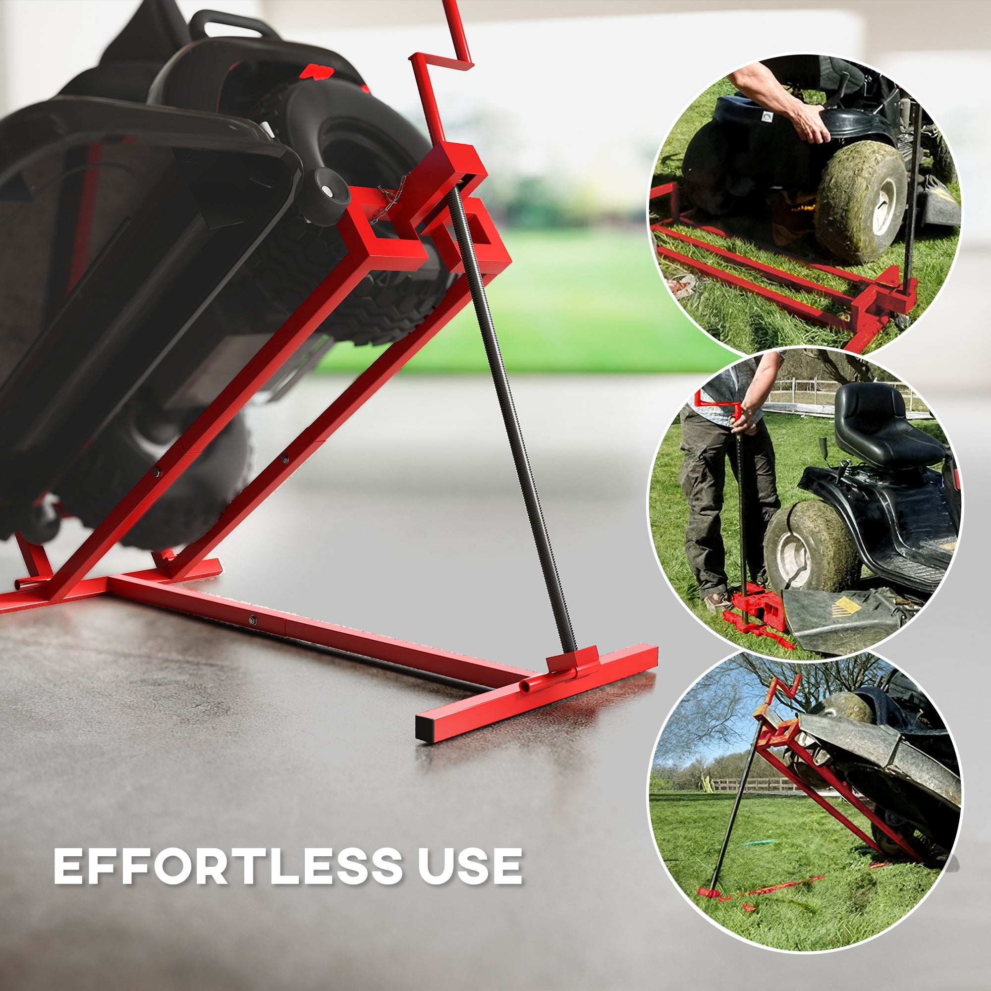 HOMCOM 400 kg Foldable Ride-On Mower Jack Lift, Adjustable Steel Lifting Device, for Lawn Mower, ATV, Red