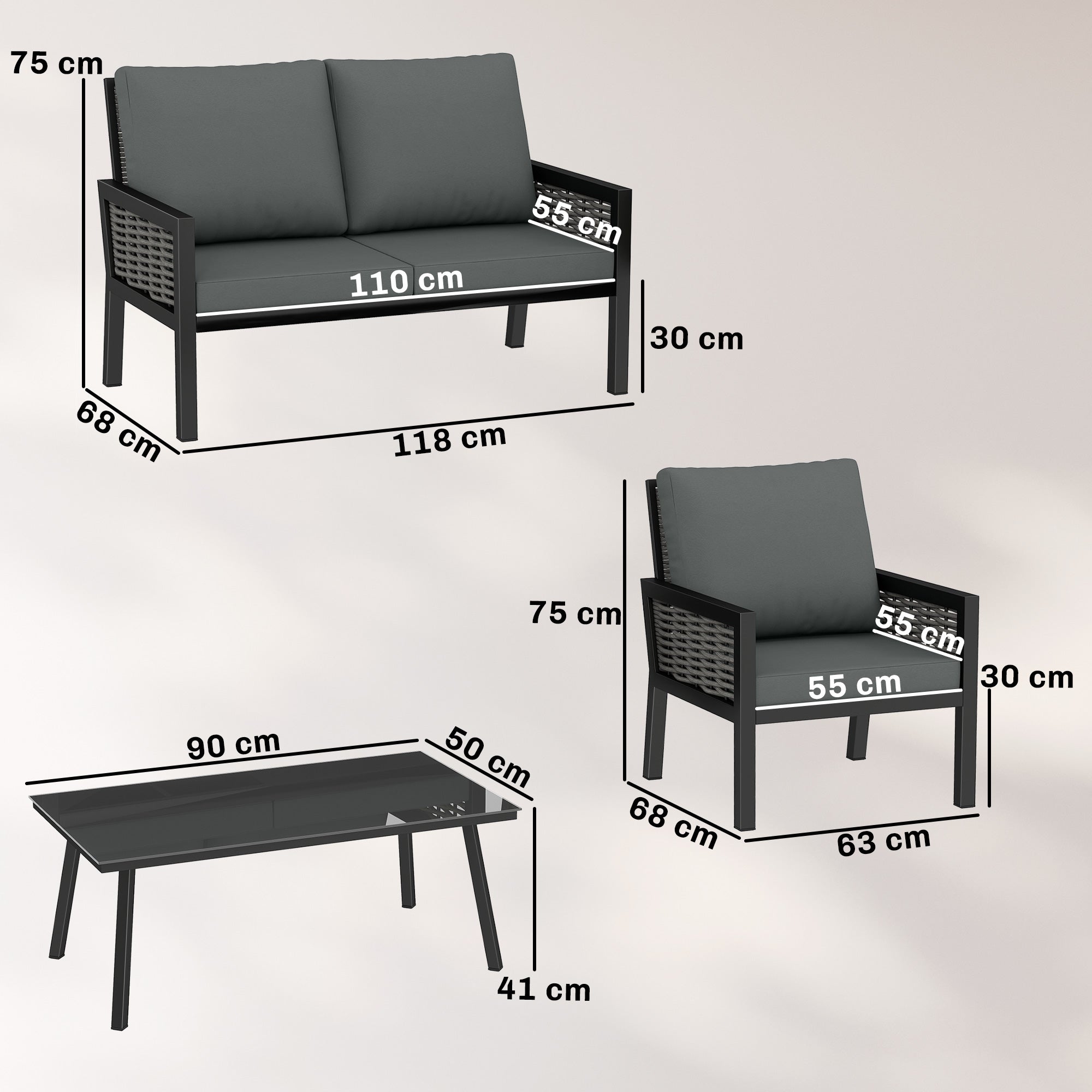 Outsunny 4 Seater Rattan Garden Furniture Set with 2 Armchairs, Loveseat, Coffee Table, Garden Sofa Set with Cushions, Dark Grey