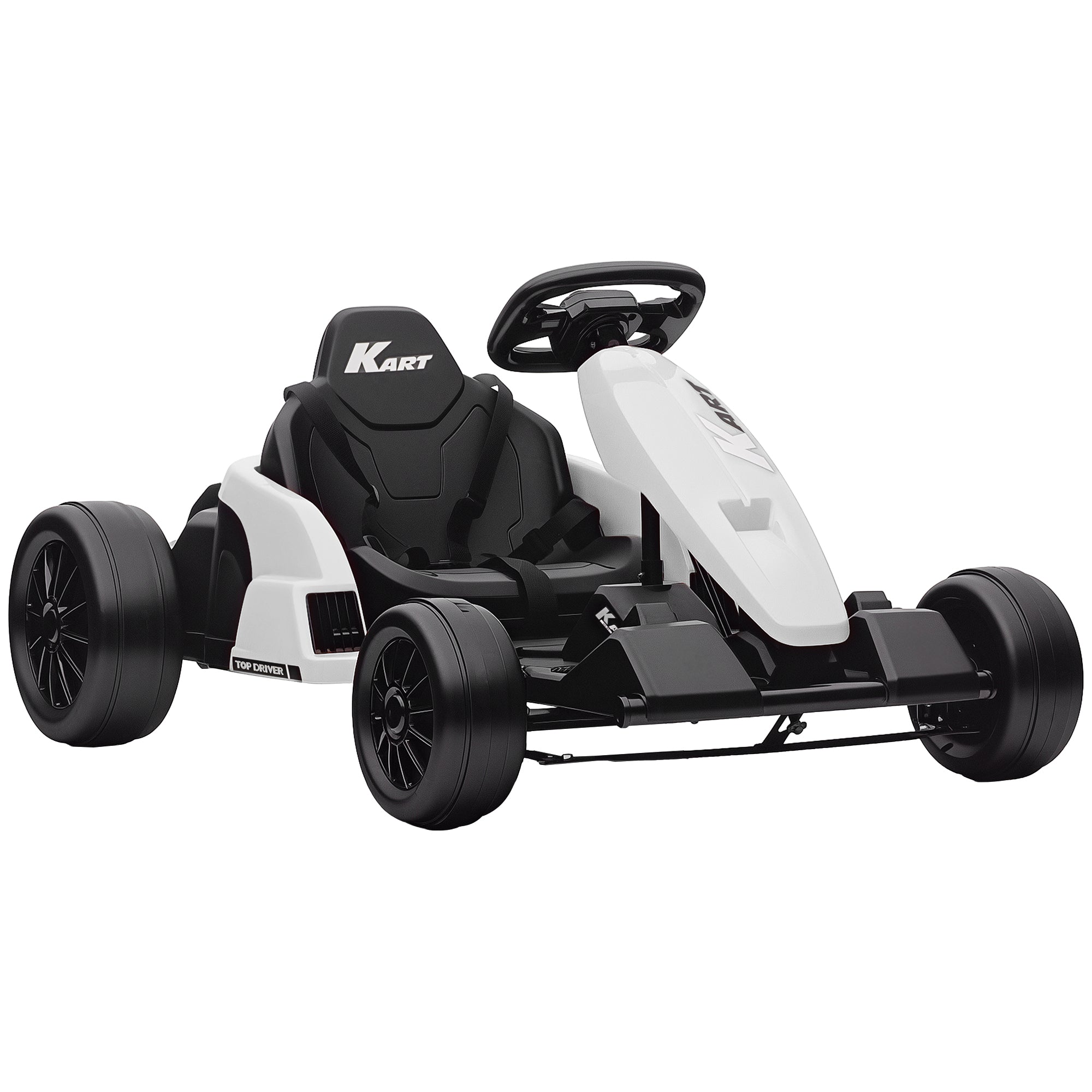 AIYAPLAY 24V Electric Go Kart, Drift Kart with Adjustable Seat, Slow Start, 5-Point Harness, Music, Horn, for 6-12 Years, White