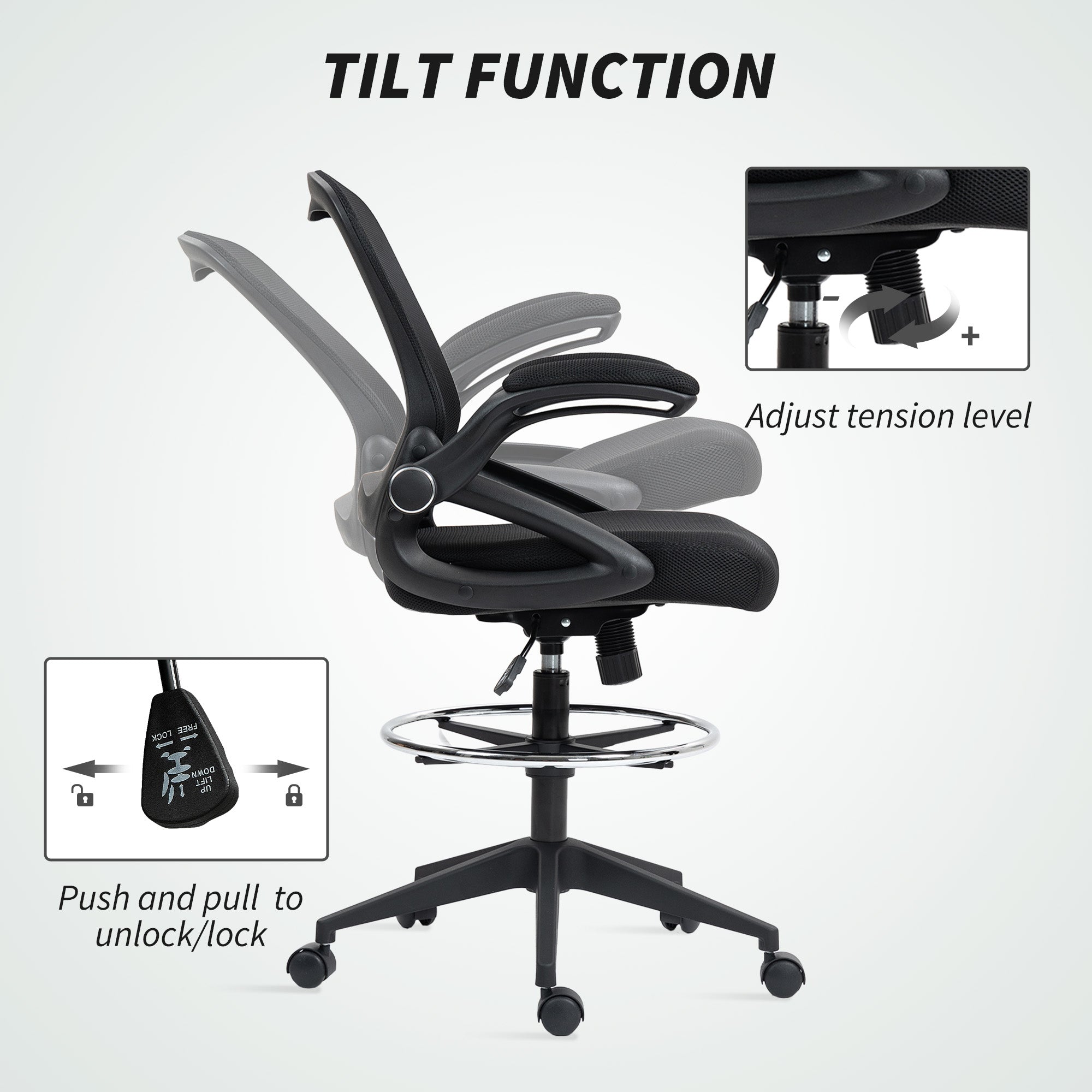 Vinsetto Drafting Chair with Flip-up Armrest, Mesh Office Stool with Foot Ring, 360° Swivel Height Adjustable Chair for Standing Desk, Black