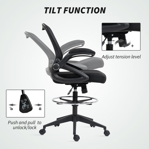 Vinsetto Drafting Chair with Flip-up Armrest, Mesh Office Stool with Foot Ring, 360° Swivel Height Adjustable Chair for Standing Desk, Black