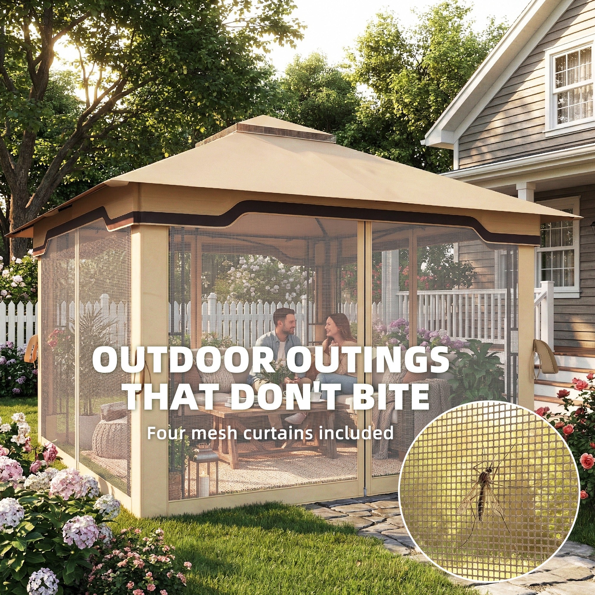 Outsunny 3.3 x 3.3 m Outdoor Garden Gazebo with Post Shelves, UPF50+ Patio Permanent Pavilion with Hook, Khaki