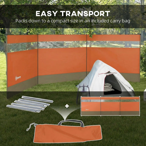 Outsunny Camping Windbreaker with Clear Windows, Carry Bag and Steel Poles, for Beach Caravan Campervan, 440 x 140cm, Orange