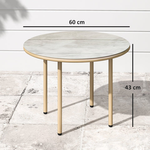 Outsunny Round Small Garden Table, 60cm Outdoor Side Table with Faux Marble Tempered Glass Top, Steel Frame for Garden Patio Balcony, Beige