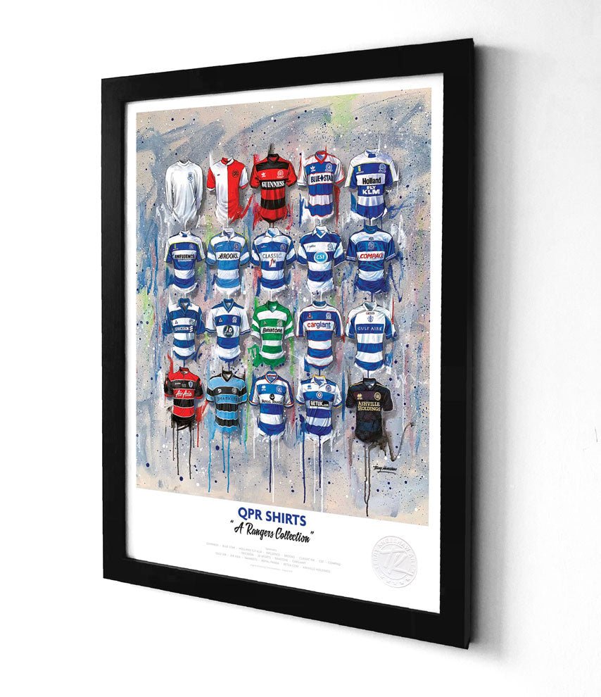 A framed print of queens park rangers football shirts in various colors on an abstract splattered background