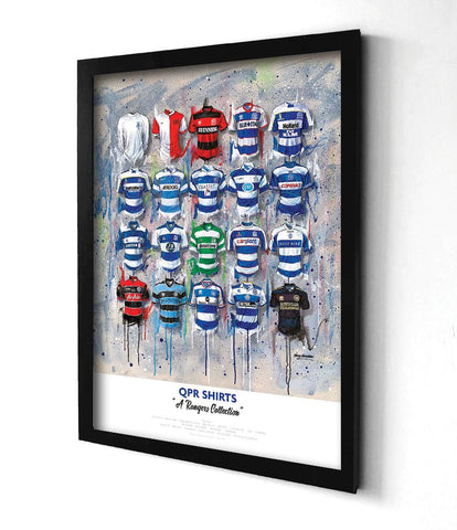 A framed limited edition art print of qpr football shirts in various colors on an abstract splattered background