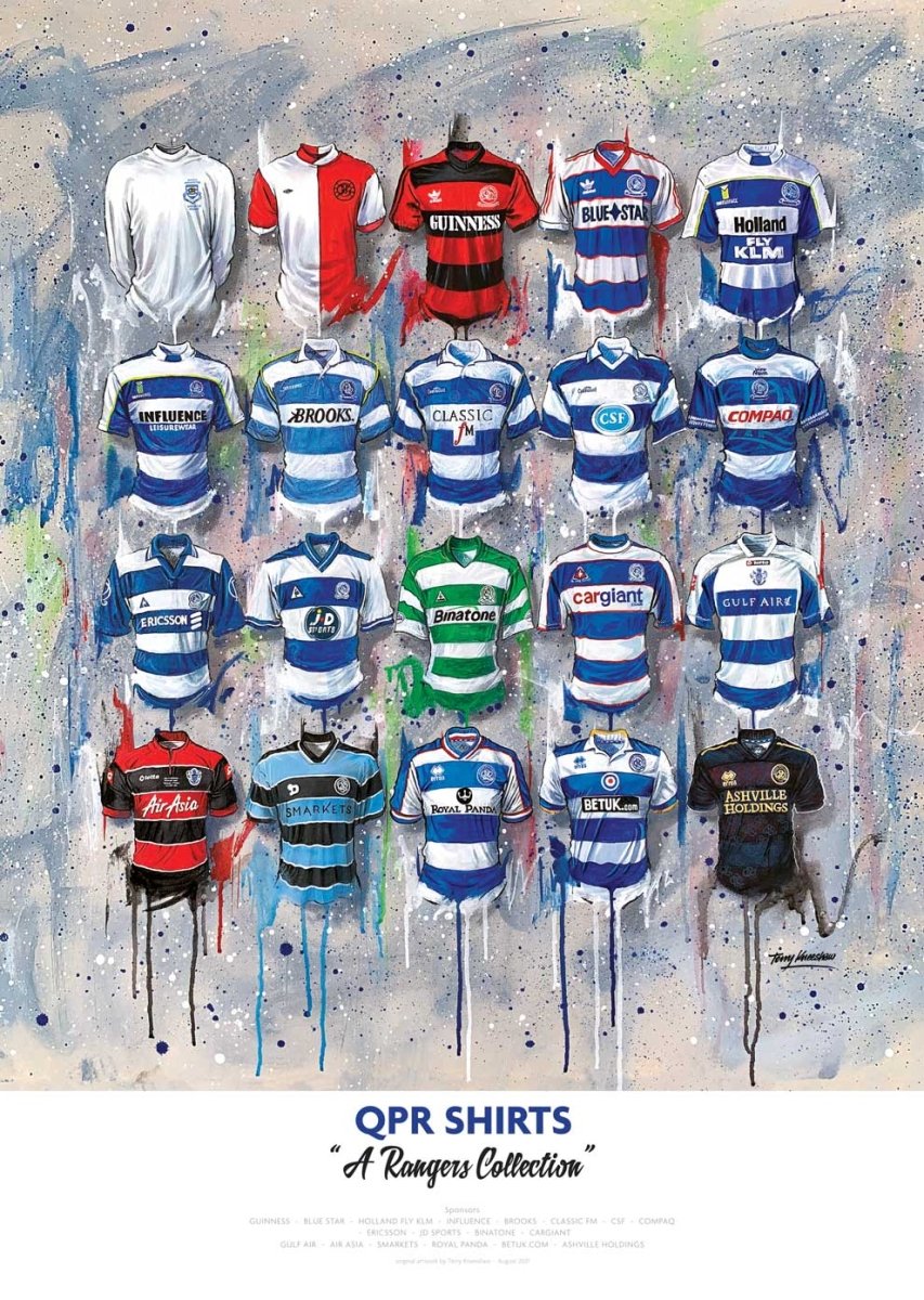 A vibrant spray-painted artwork of qpr football shirts in a limited edition signed a2 print collection