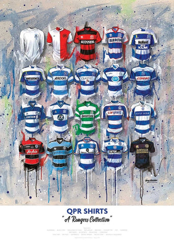 A vibrant spray-painted artwork of qpr football shirts in a limited edition signed a2 print collection