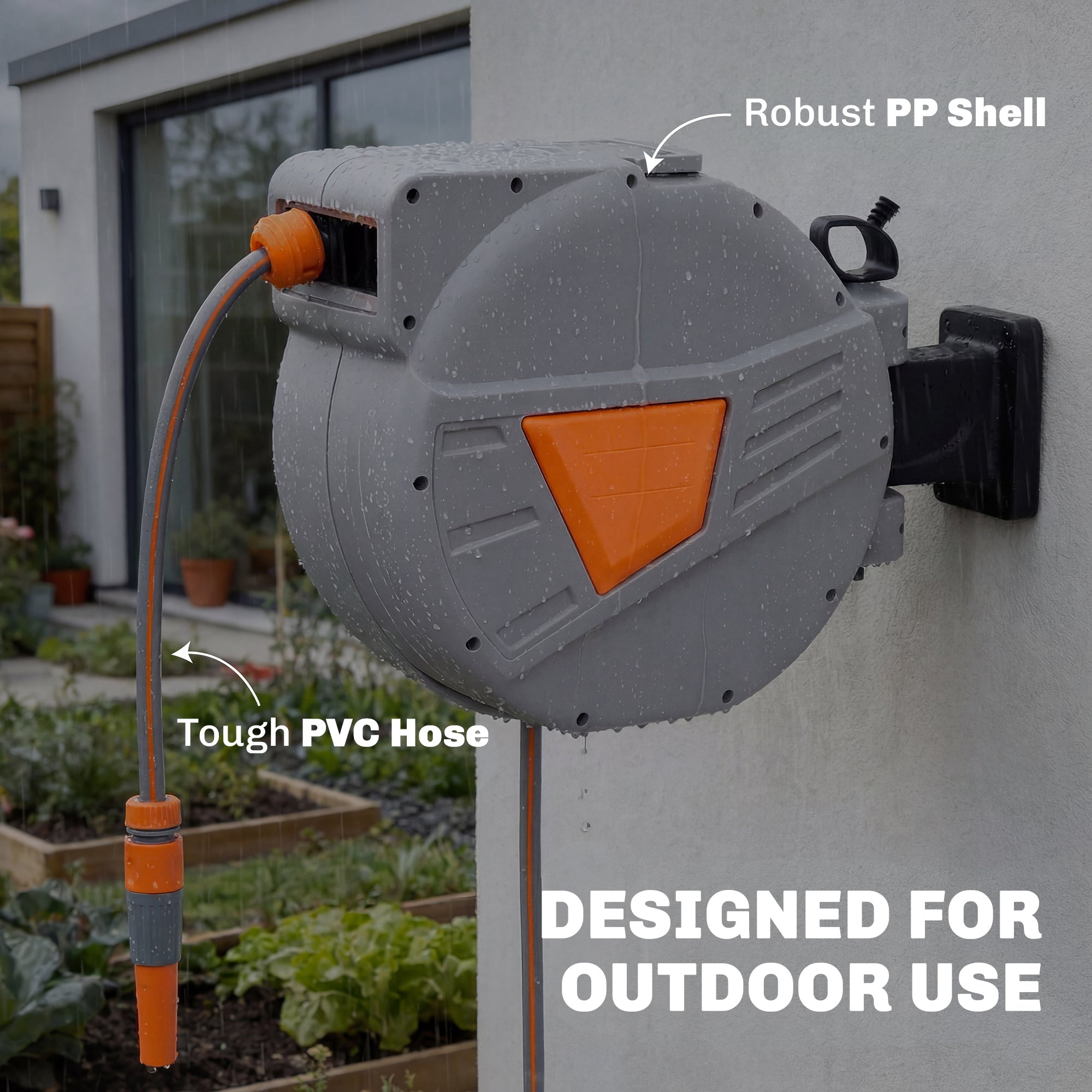 Outsunny Retractable Hose Reel Wall Mounted, 30+2m Garden Hose Pipe Reel with Auto Retraction, Self-Locking, Orange