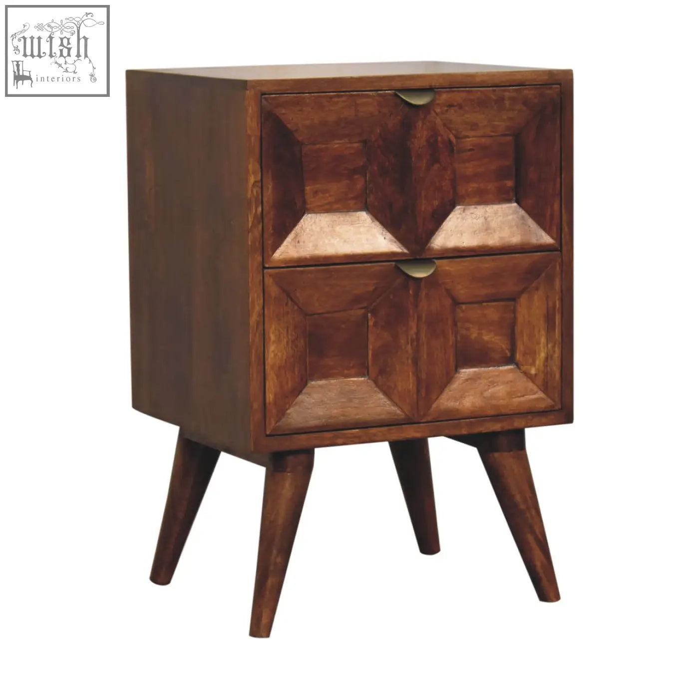 Dark wood quad bedside table with geometric inlaid drawers and tapered legs made of solid mango wood